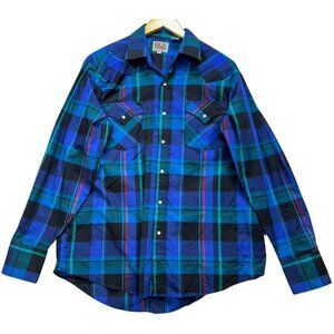 ELY Cattleman Men's Pearl Snap Western Shirt Long Sleeve Sz L Blue Plaid Pockets